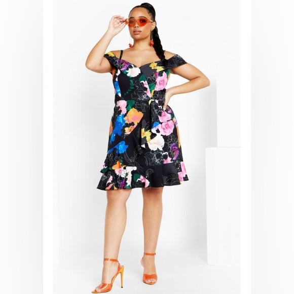 City Chic Dresses & Skirts - City Chic Black Floral Off-Shoulder with Straps Dress Mini Dress Plus 18 NWT